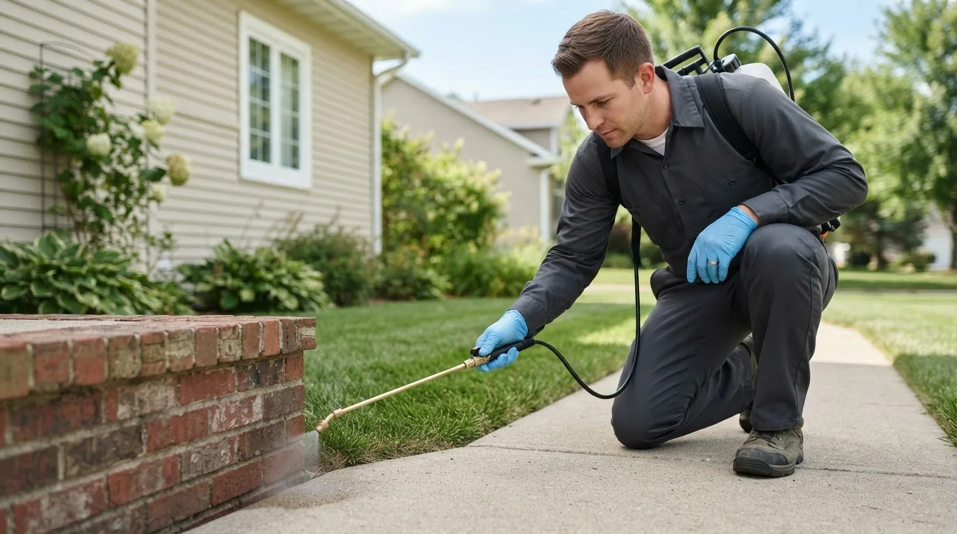 Pest control technician treating a home near East Northport, NY