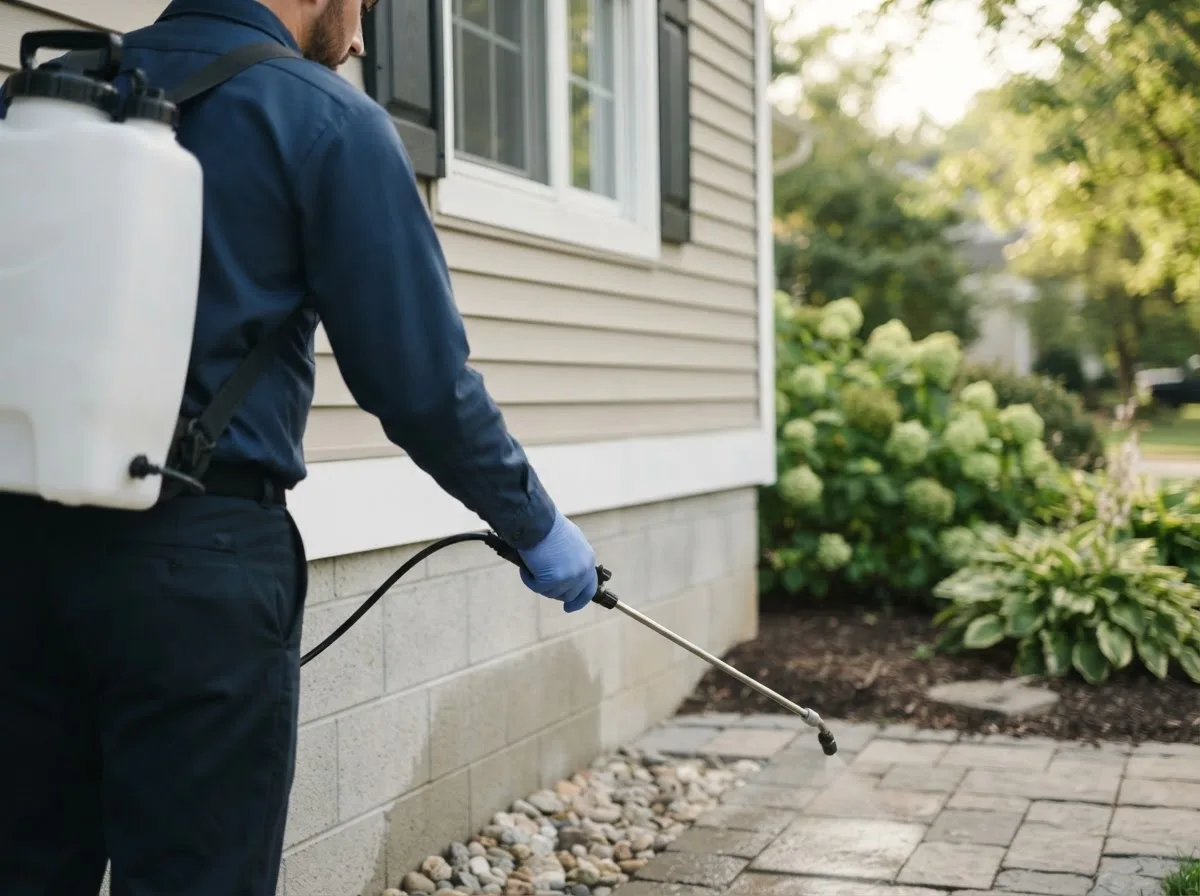 Pest control technician inspecting a home in East Northport, NY
